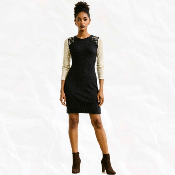 BCX Color Block Bodycon Sweater Dress ¾ Sleeves Beaded Shoulders Black Cream - M - Picture 1 of 10